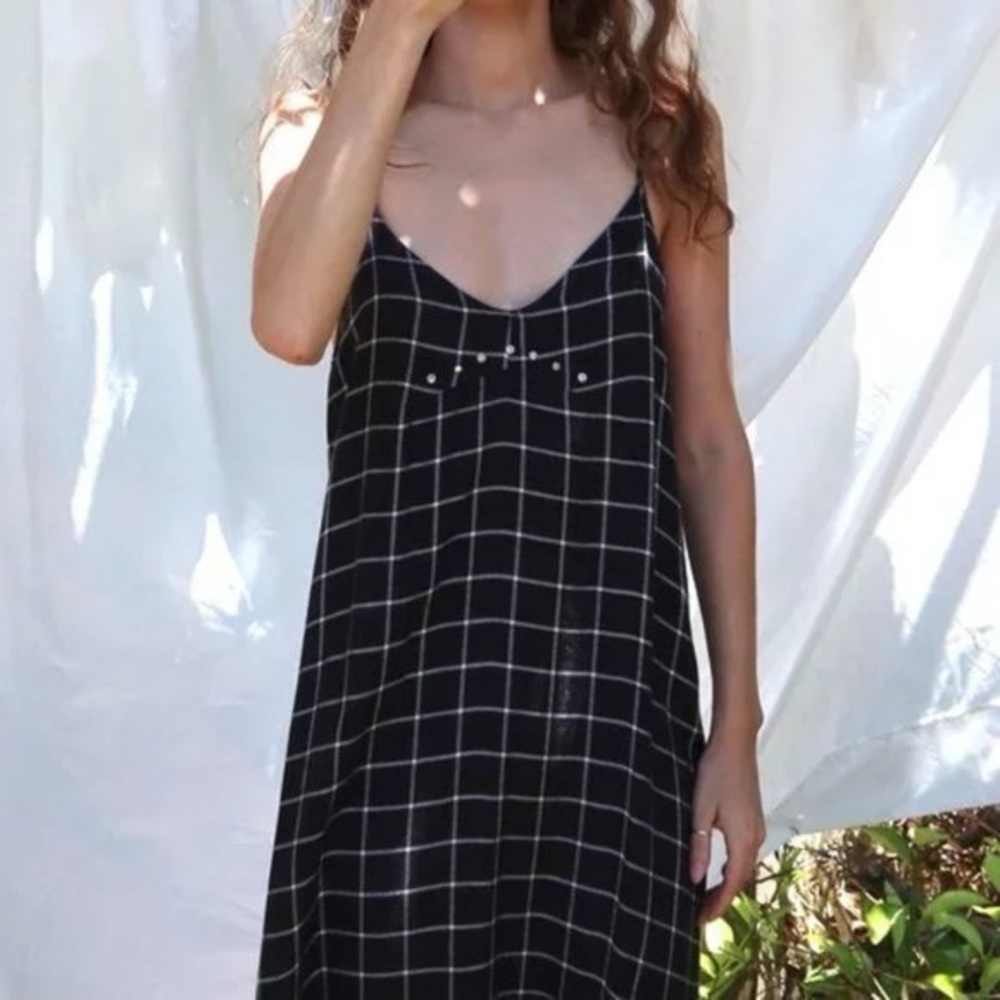 ZARA LONG PLAID FLANNEL STRAPY DRESS BLACK GRAY WHITE CHECKED STUDS S M